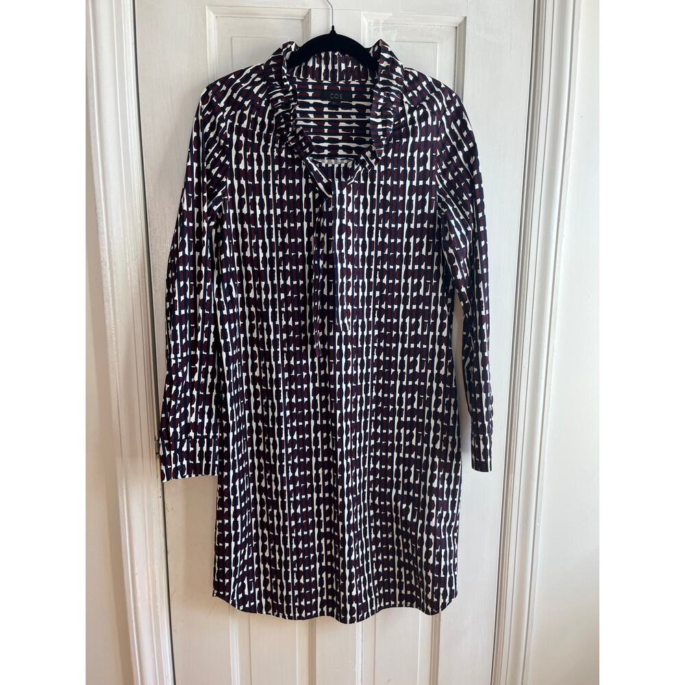 COS Printed Ruffle Neck Tie Front Cotton Midi Dress | Abstract Minimalist Sz 2